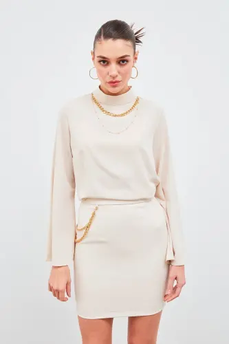 Mini Skirt with Chain Detail - Beige - 3