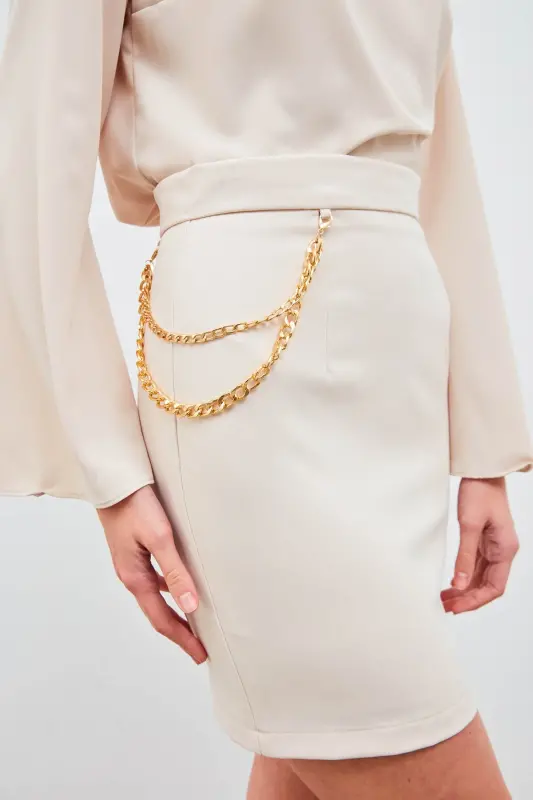 Mini Skirt with Chain Detail - Beige - 4