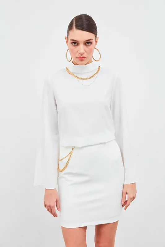 Mini Skirt with Chain Detail - Ecru - 2