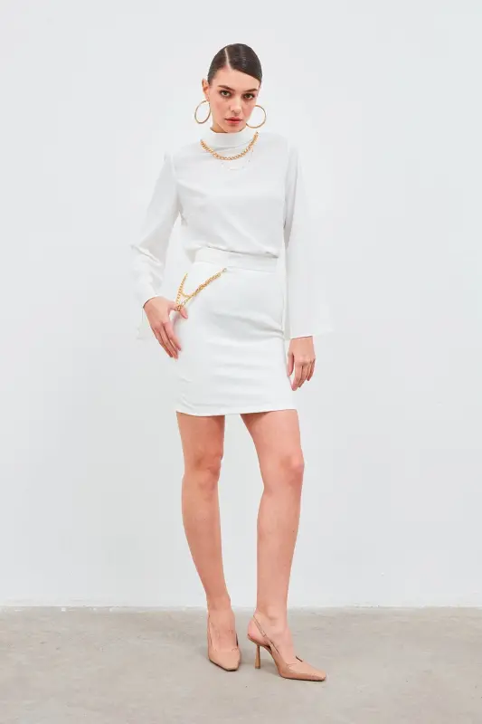 Mini Skirt with Chain Detail - Ecru - 3