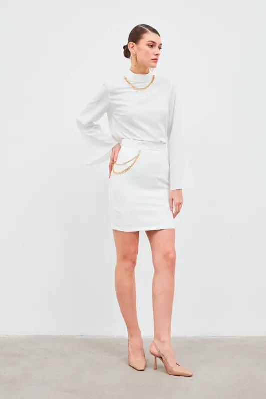 Mini Skirt with Chain Detail - Ecru - 4