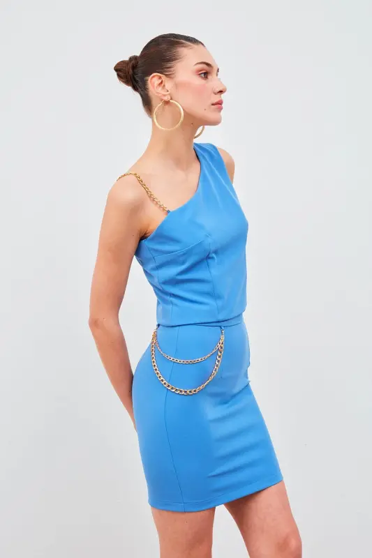 Mini Skirt with Chain Detail - Sax Blue - 4