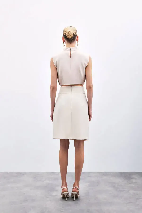 Mini Skirt with Snap Detail - BEIGE - 3