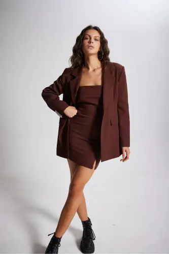 Mini Slit Strapless Soit Dress Brown - 1