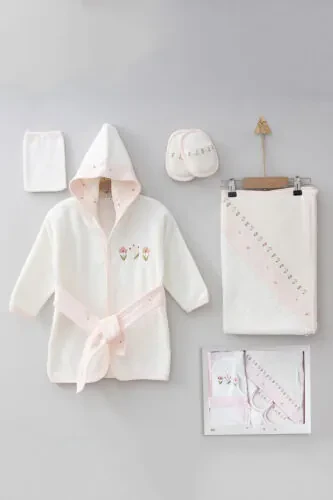 Mini Tulip Embroidered Gaye Baby Towel Robe Set Organic Antibacterial - Baby Birth Gift - CHERUB BABY (1)