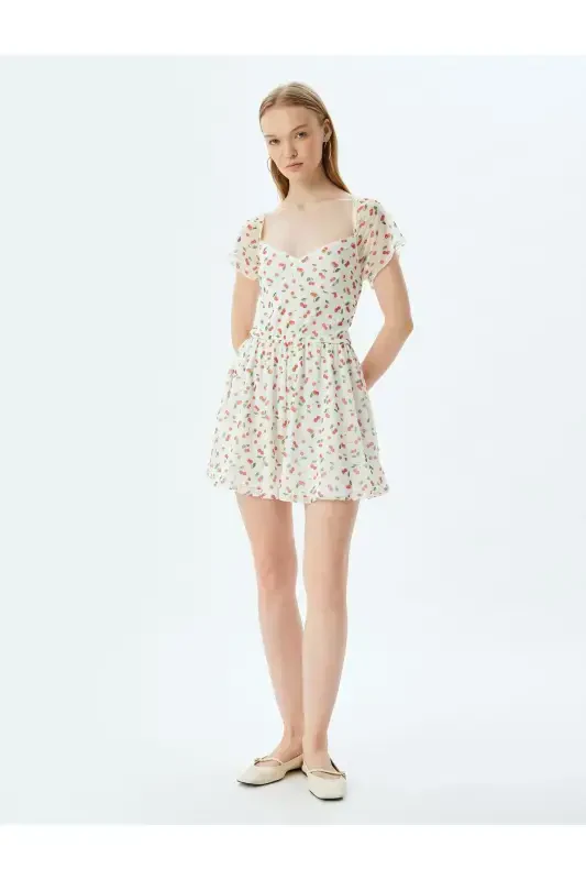 Mini Tulle Dungaree Jumpsuit Cherry Print U-Neck Short Sleeve - 3