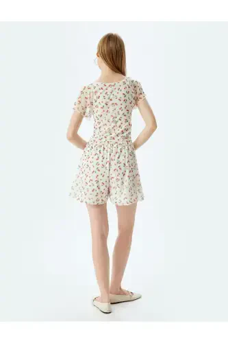 Mini Tulle Dungaree Jumpsuit Cherry Print U-Neck Short Sleeve - 4