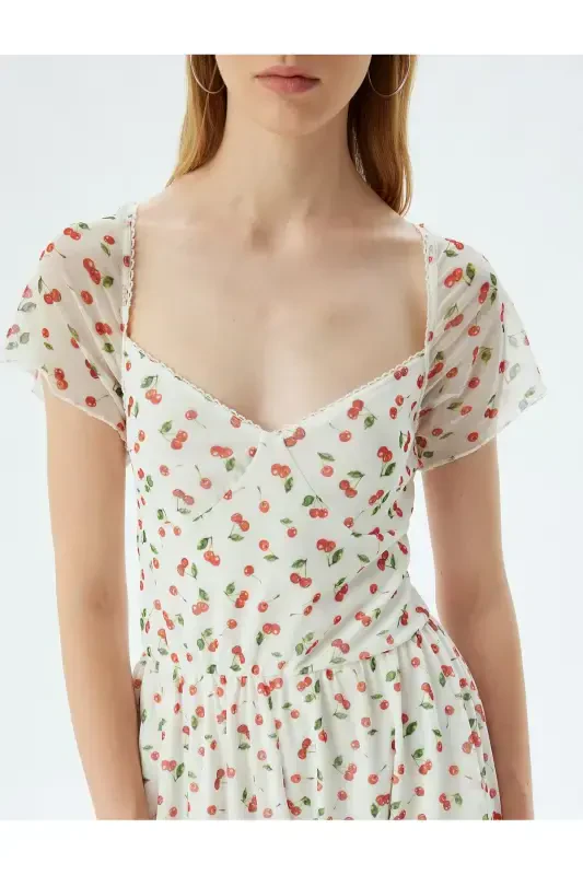 Mini Tulle Dungaree Jumpsuit Cherry Print U-Neck Short Sleeve - 5