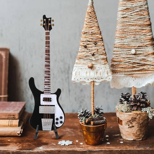 Miniature Bass, Black Miniature Bass Miniature Guitar Guitar Replica with Stand and Case Instrument Model Ornaments be placed on the bookcase, desk, beside table and music room as decoration - 4