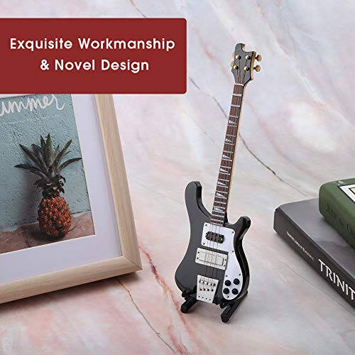 Miniature Bass, Black Miniature Bass Miniature Guitar Guitar Replica with Stand and Case Instrument Model Ornaments be placed on the bookcase, desk, beside table and music room as decoration - 6