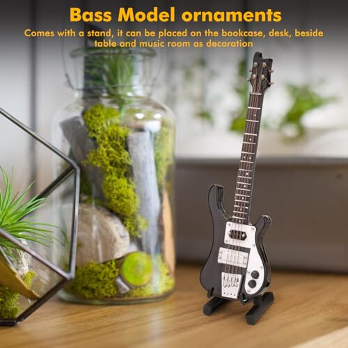 Miniatyura Bas, Qora Miniatyura Bas Miniatyura Gitara Gitara Replikasi Stand va Korpus bilan Instrument Modeli Bezaklar Kitob javonida, stolda, yonidagi stol va musiqa xonasida bezak sifatida joylashtirilishi mumkin - 2