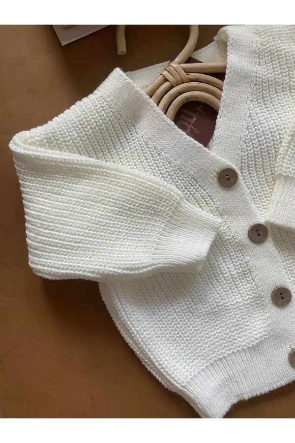 MINIBONCLUB Unisex Buttoned Knit Baby and Children Cardigan - Cream - 6