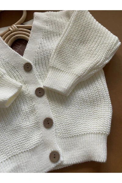 MINIBONCLUB Unisex Buttoned Knit Baby and Children Cardigan - Cream - 7