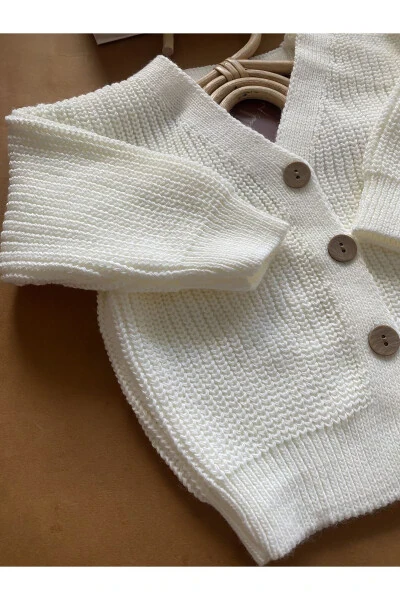 MINIBONCLUB Unisex Buttoned Knit Baby and Children Cardigan - Cream - 8