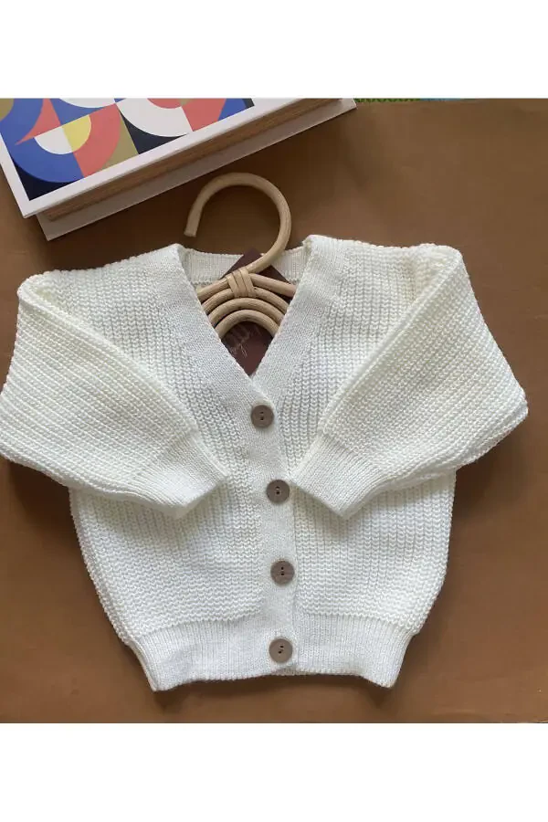 MINIBONCLUB Unisex Buttoned Knit Baby and Children Cardigan - Cream - 10