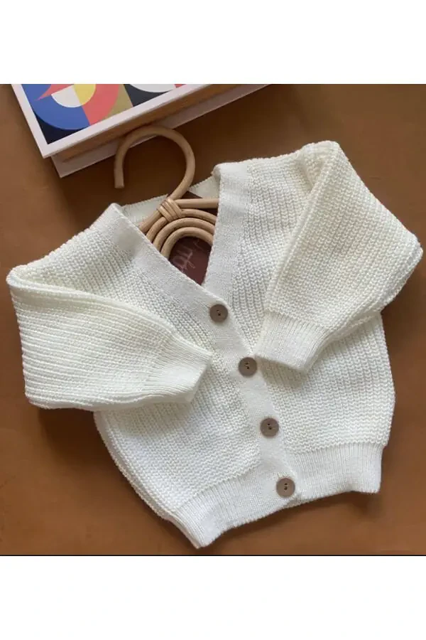 MINIBONCLUB Unisex Buttoned Knit Baby and Children Cardigan - Cream - 1
