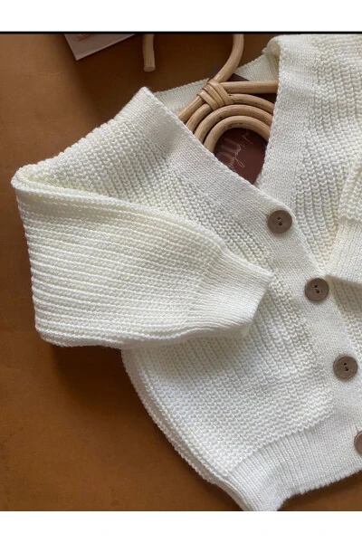 MINIBONCLUB Unisex Buttoned Knit Baby and Children Cardigan - Cream - MINIBONCLUB (1)