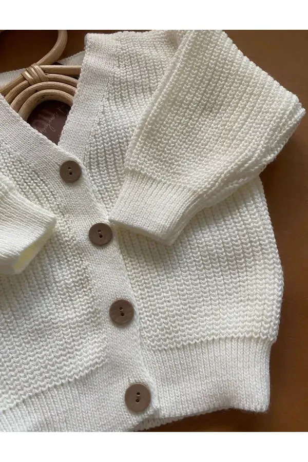 MINIBONCLUB Unisex Buttoned Knit Baby and Children Cardigan - Cream - 3