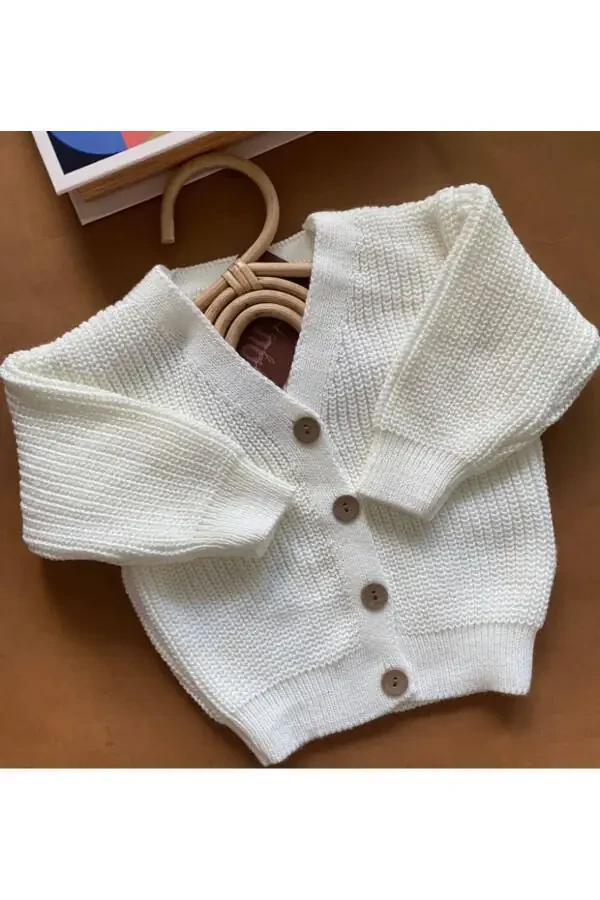 MINIBONCLUB Unisex Buttoned Knit Baby and Children Cardigan - Cream - 4