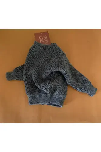 MINIBONCLUB UNISEX SALONICA BABY CHILD KNITTED SWEATER-SMOKE GRAY-LIGHT BROWN - 1