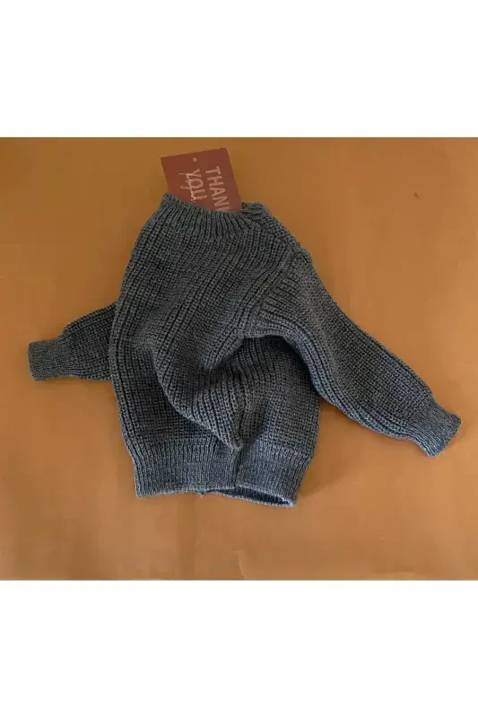 MINIBONCLUB UNISEX SALONICA BABY CHILD KNITTED SWEATER-SMOKE GRAY-LIGHT BROWN - 1