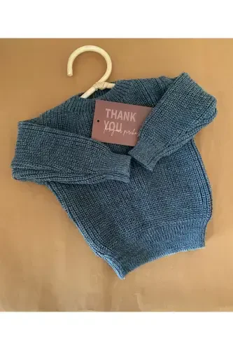 MINIBONCLUB UNISEX SALONICA BABY CHILD KNITTED SWEATER-SMOKE GRAY-LIGHT BROWN - 3