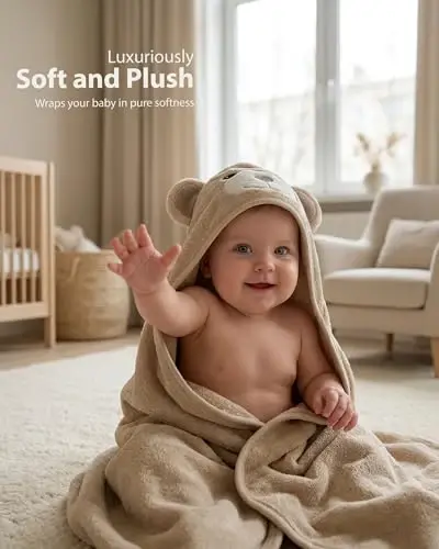 MINIBOO Hooded Baby Towels for Newborn - Super Soft Baby Bath Towels with Hood, Highly Absorbent Viscose Made from Bamboo Hooded Towel for Infant, Toddler and Kids, Baby Essentials - MINIBOO (1)
