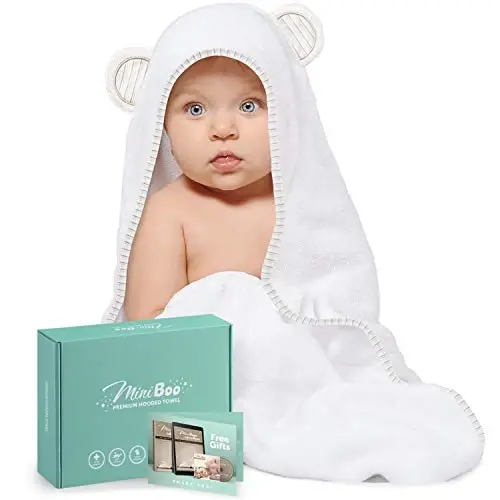 MINIBOO Hooded Baby Towels for Newborn - Super Soft Baby Bath Towels with Hood, Highly Absorbent Viscose Made from Bamboo Hooded Towel for Infant, Toddler and Kids, Baby Essentials - 1