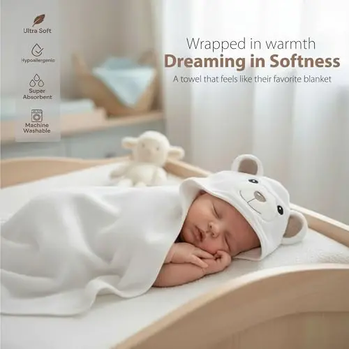 MINIBOO Hooded Baby Towels for Newborn - Super Soft Baby Bath Towels with Hood, Highly Absorbent Viscose Made from Bamboo Hooded Towel for Infant, Toddler and Kids, Baby Essentials - 5