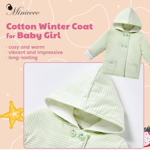 Minicoco Baby Girl Clothes Winter, Warm Hoodies Coat, Toddler Coat Baby Girls Hooded Buttoned Long Sleeve Thick Warm Coat - 2