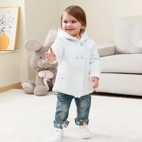 Minicoco Baby Girl Qishki Issiq Hoodilar, Toddler Palto Baby Girls Kapüşonlu Tugmali Uzun Yengli Qalin Issiq Palto - 5