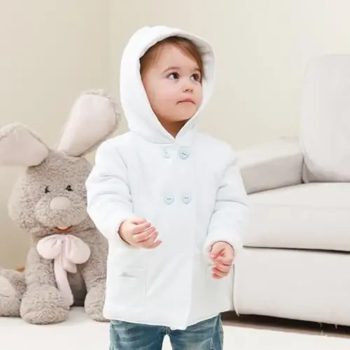 Minicoco Baby Girl Qishki Issiq Hoodilar, Toddler Palto Baby Girls Kapüşonlu Tugmali Uzun Yengli Qalin Issiq Palto - 6