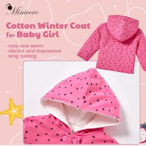 Minicoco Baby Girl Winter Warm Hoodies, Toddler Coat Baby Girls Hooded Buttoned Long Sleeve Thick Warm Coat - 2