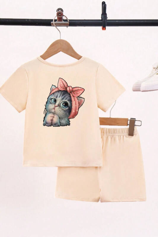 Minik Kedi Baskılı Bej Çocuk Şort T-shirt Takım - Kız Erkek Çocuk Yazlık Bisiklet Yaka - Bej - 2