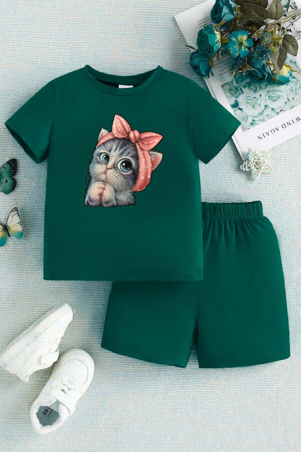 Minik Kedi Baskılı Nefti Yeşil Çocuk Şort T-shirt Takım - Kız Erkek Çocuk Yazlık Bisiklet Yaka - 1