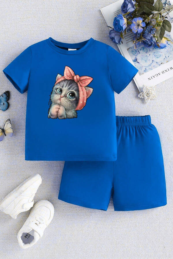 Minik Kedi Baskılı Saks Mavi Çocuk Şort T-shirt Takım - Kız Erkek Çocuk Yazlık Bisiklet Yaka - 1