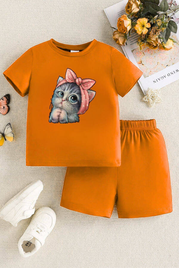 Minik Kedi Baskılı Turuncu Çocuk Şort T-shirt Takım - Kız Erkek Çocuk Yazlık Bisiklet Yaka - 1