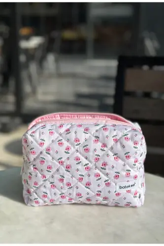 Minik Pembe Çiçek Desenli Makyaj Çantası - Büyük Boy. - çok renkli - BATEKSO (1)