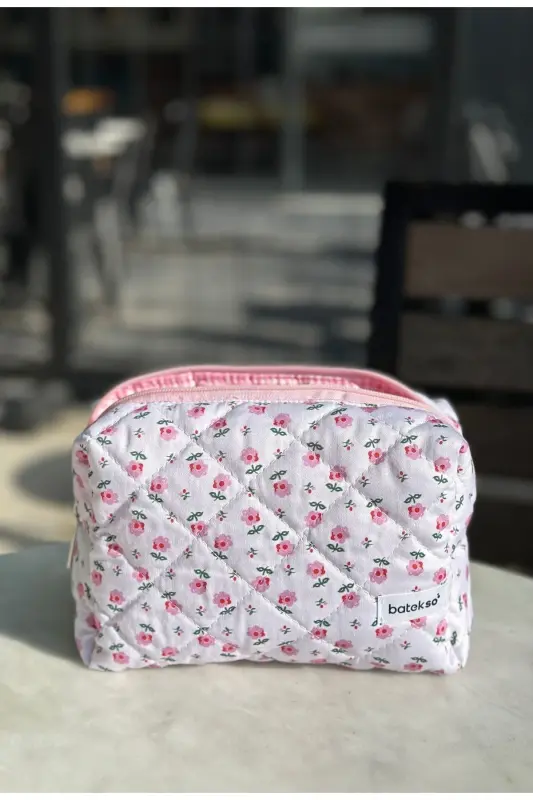 Minik Pembe Çiçek Desenli Makyaj Çantası - Büyük Boy. - çok renkli - 2