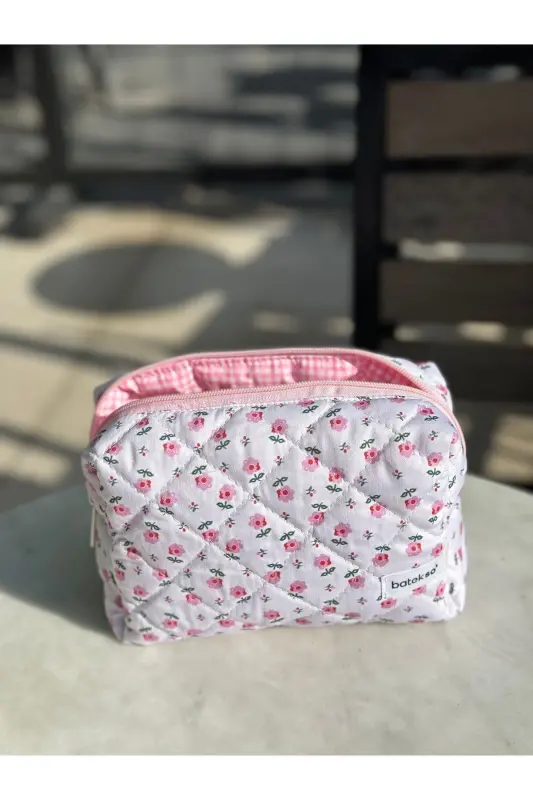 Minik Pembe Çiçek Desenli Makyaj Çantası - Büyük Boy. - çok renkli - 3