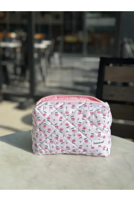 Minik Pembe Çiçek Desenli Makyaj Çantası - Büyük Boy. - çok renkli - 4