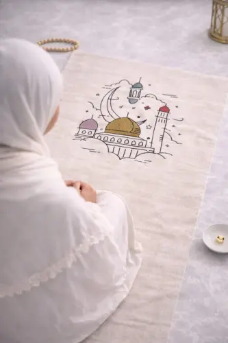 Minimal Embroidered Linen Prayer Rug - Dowry Gift Prayer Rug in Bag - Beige6 - 1