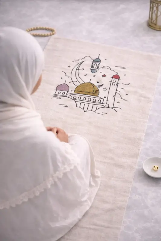 Minimal Embroidered Linen Prayer Rug - Dowry Gift Prayer Rug in Bag - Beige6 - 1