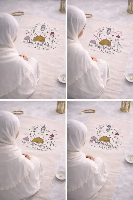 Minimal Embroidered Linen Prayer Rug - Dowry Gift Prayer Rug in Bag - Beige6 - 4