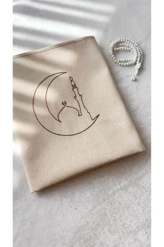 Minimal Embroidery Detailed Linen Prayer Rug - Bridal Gift Prayer Rug in Pouch-Beige4 - NURDAN KESKIN