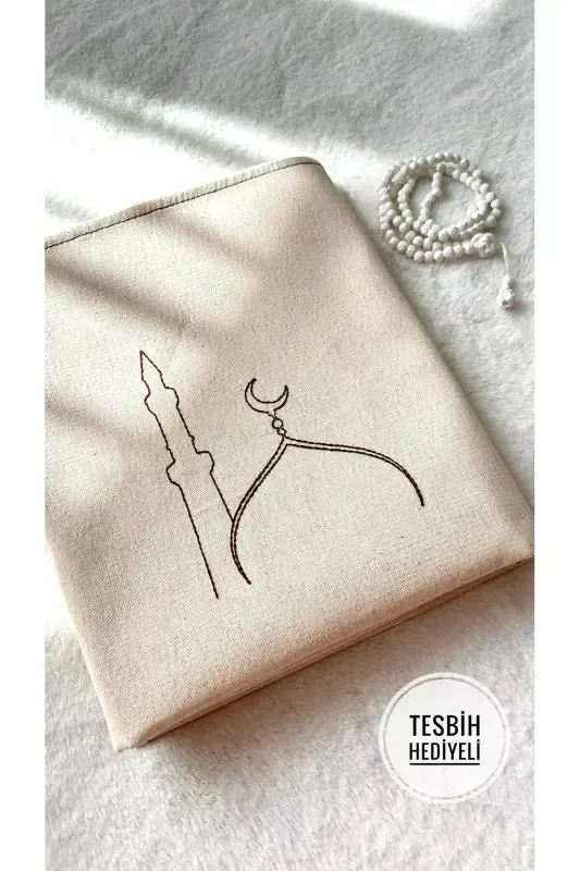 Minimal Embroidery Embroidered Linen Prayer Rug - Dowry Gift Prayer Rug-Beige3 - NURDAN KESKIN