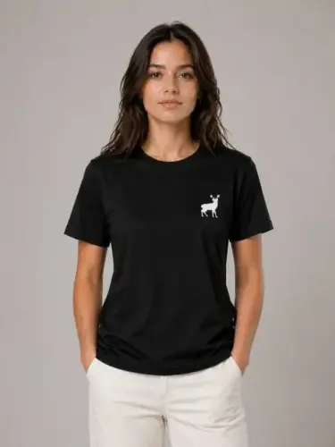 Minimal Geyik Logolu Tişört Bisiklet Yaka Kısa Kol Yazlık T-Shirt - Siyah - 1