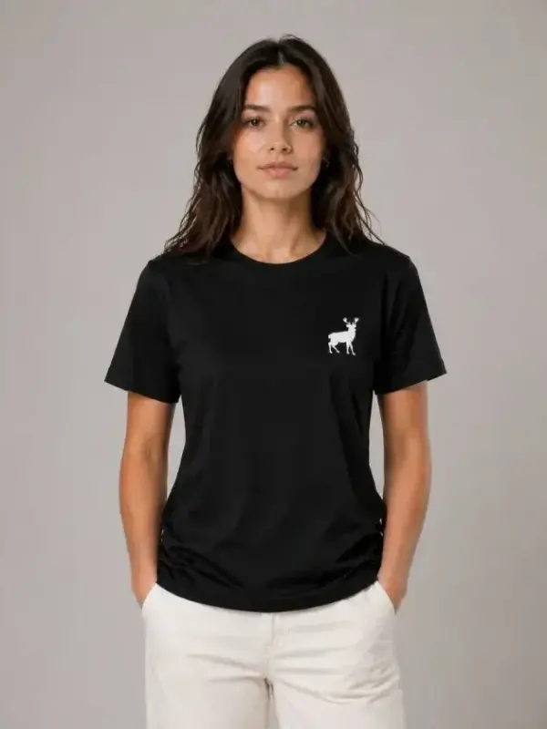 Minimal Geyik Logolu Tişört Bisiklet Yaka Kısa Kol Yazlık T-Shirt - Siyah - BÜYÜKBEDENIZ