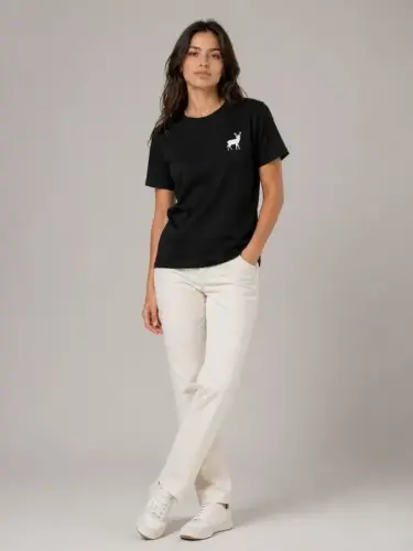 Minimal Geyik Logolu Tişört Bisiklet Yaka Kısa Kol Yazlık T-Shirt - Siyah - BÜYÜKBEDENIZ (1)