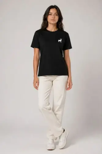 Minimal Geyik Logolu Tişört Bisiklet Yaka Kısa Kol Yazlık T-Shirt - Siyah - 4